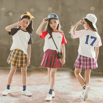 

School Uniform Suit Pupil Clothes Summer Girls 2PCS Baby Girls Outfit Clothes Short Sleeve T-shirt+Plaid Skirt Sport Suit CC968