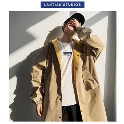 2019 осенний мужской длинный Тренч с буквенным принтом на спине, повседневные свободные куртки в стиле хип-хоп, теплый Тренч с капюшоном