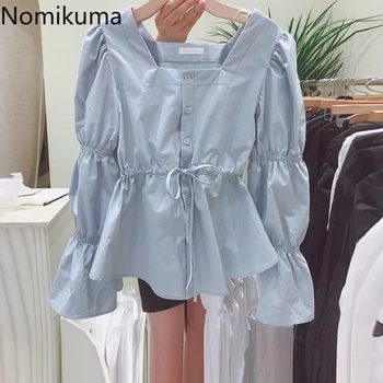 

Nomikuma Korean Women Blouses Single Breasted Lace Up Slim Waist Shirts Puff Long Sleeve Square Collar Top Blusas 2020 New 6A037