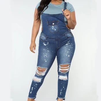 

Plus Size Denim Jumpsuits For Women 2019 Elegant Strap Denim Overalls Rompers Laides Stretch Skinny Hole Ripped Jeans Jumpsuit