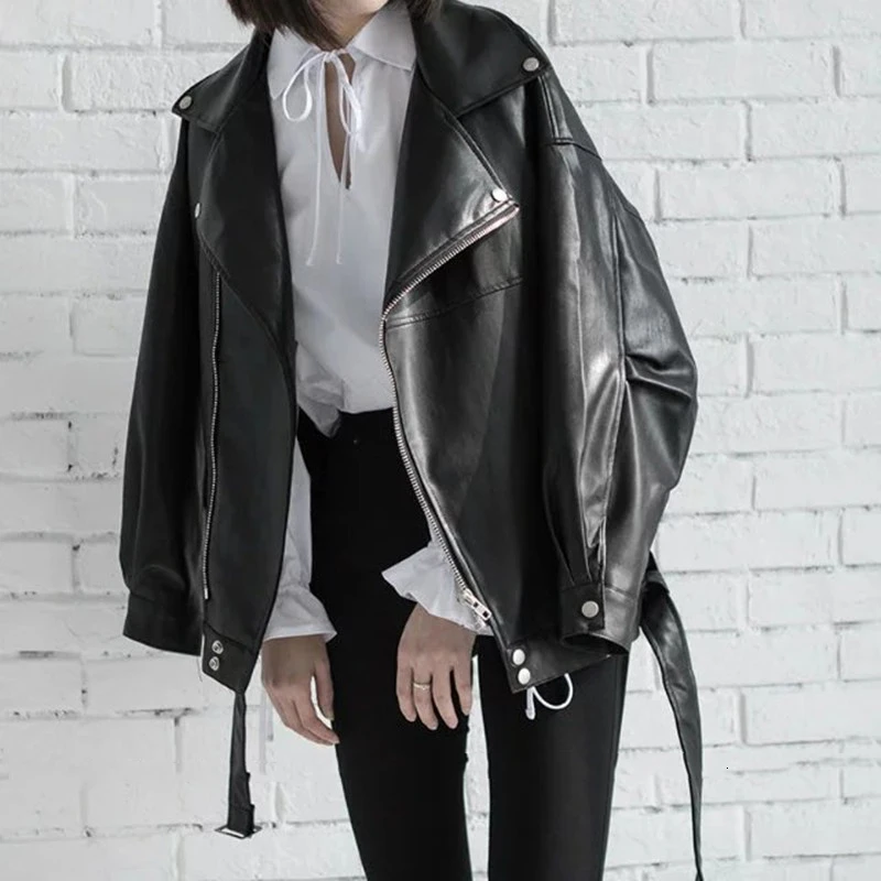 

LANMREM Clearance sale High Quality 2020 Spring Black PU Leather Loose Turn-down Collar Zipper Fashion New Women's Jacket LA938