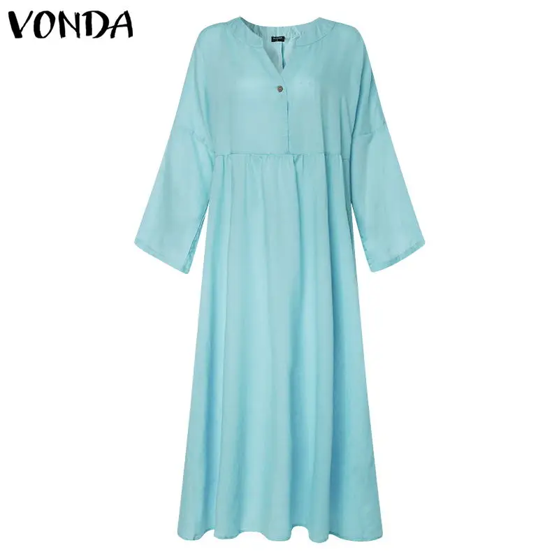 VONDA, платье-рубашка, женский сарафан, летний, длинный рукав, v-образный вырез, длинное, макси, Vestidos, Женская Повседневная Туника на пуговицах, халат размера плюс - Цвет: Sky Blue