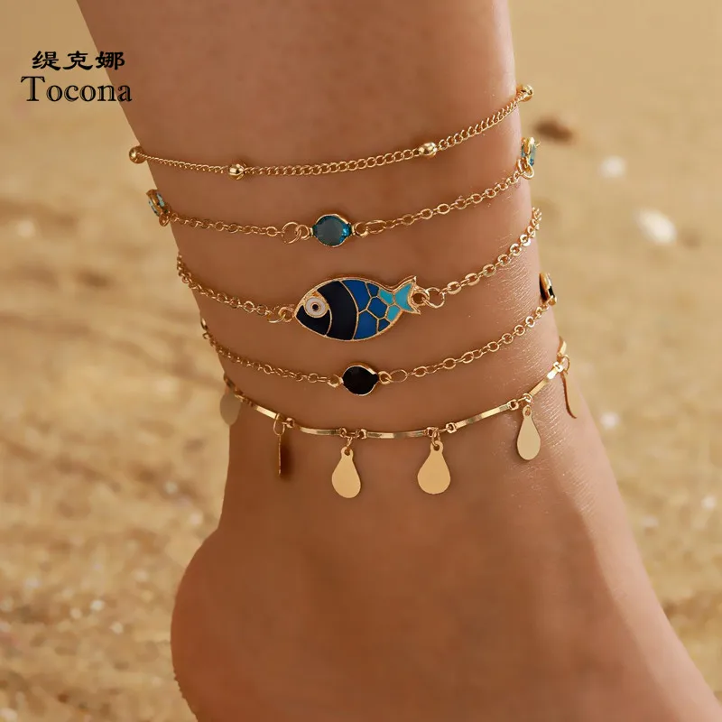Tocona 5pcs/sets Tassel Anklets for Women Summer Fish Colorful Rhinestone Barefoot Sandals Adjustable Jewelry Wholesae 15044 Tocona 5pcs/sets Tassel Anklets for Women Summer Fish Colorful Rhinestone Barefoot Sandals Adjustable Jewelry Wholesae 15044