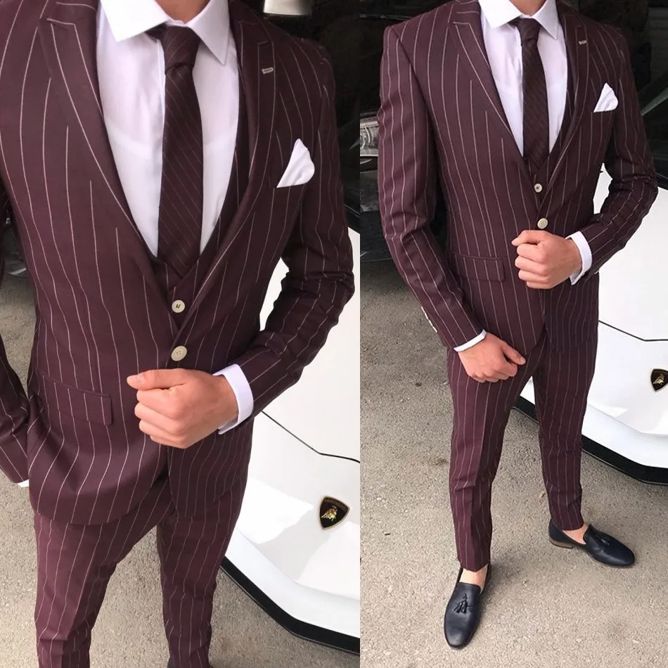 Burgundy Pinstripe Mens Wedding Tuxedos 3 Pieces Slim Fit One Button