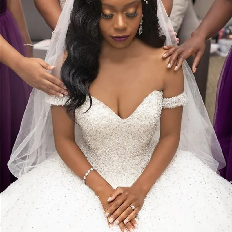 

Cinderella Sweetheart Sleeveless Crystal Pearl Beaded Princess Ball Gown Wedding Dresses With Lace Up Back vestido de noiva