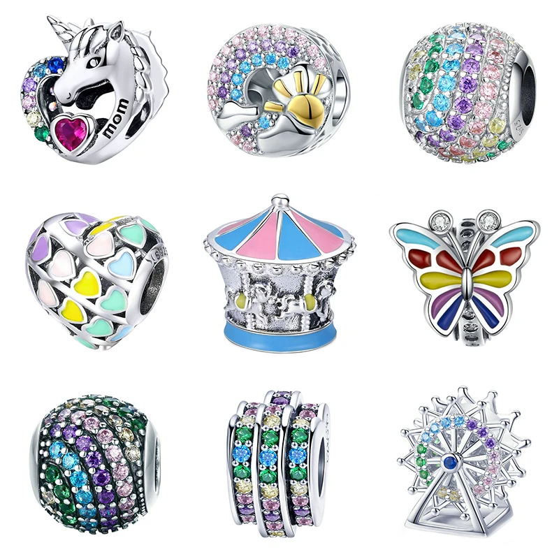 

Rainbow Heart Charms 925 Sterling Silver Bead Bracelets for Woman Trojan Carousel Butterfly Ferris Wheel DIY Jewelry Accessories