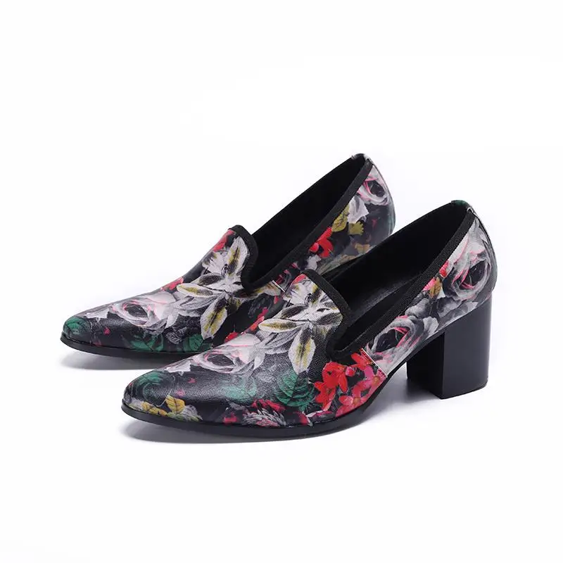 Fashion Print Leather Casual Party Shoes Men High Heels Business Dress Shoes Career Work Height Increase Pointed Toe Shoes 37-46