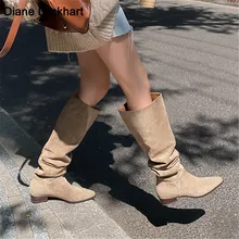 Size 34-42 Autumn Winter Women Boots Casual Ladies shoes Knee High Boots Retro Kid Suede Slip-On Thick Heel Boats Mujer Apricot