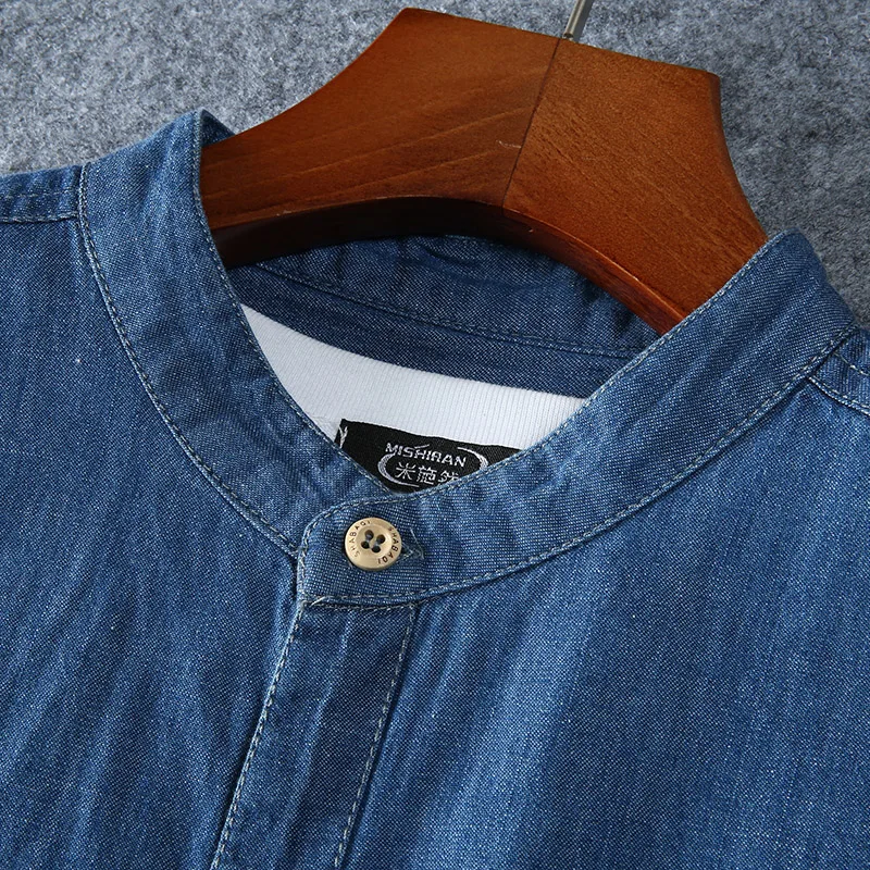 Men's Cotton Summer Fashion Pure Color Breathable Comfortable Stand Collar Denim Short Sleeve Shirt(oversized plus size)