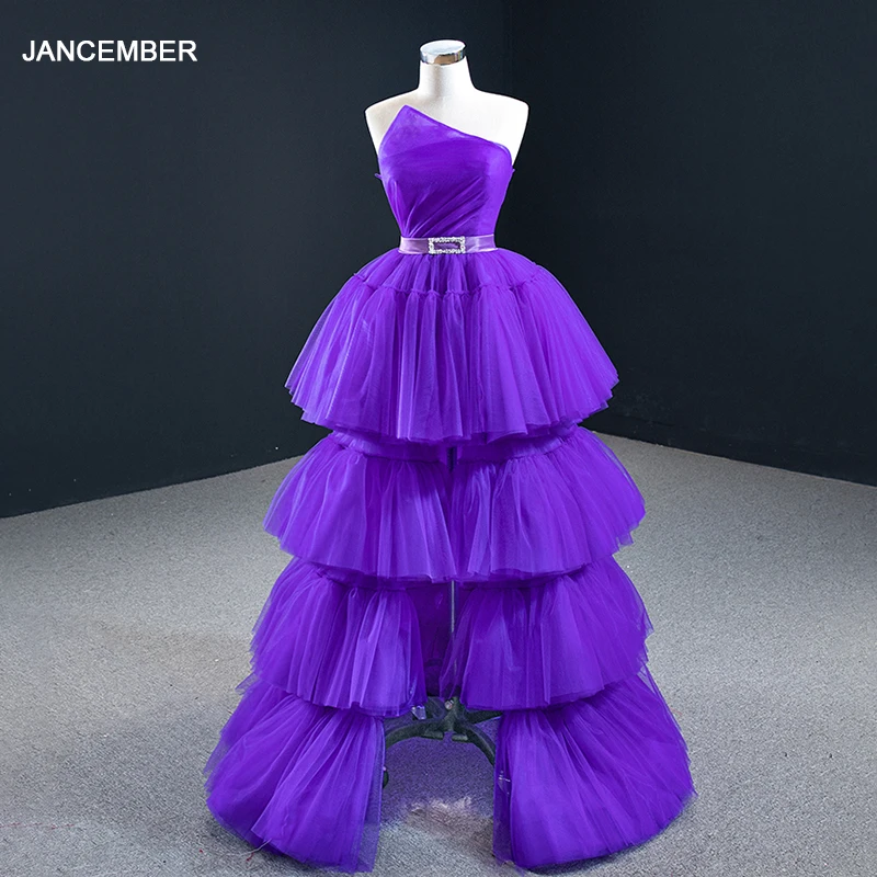 RSM67147 Purple Elegant Tight Strapless Banquet Prom Evening Dress 2021 Tiered Ruffled Belt Front Slit Party Fishtail Skirt 1
