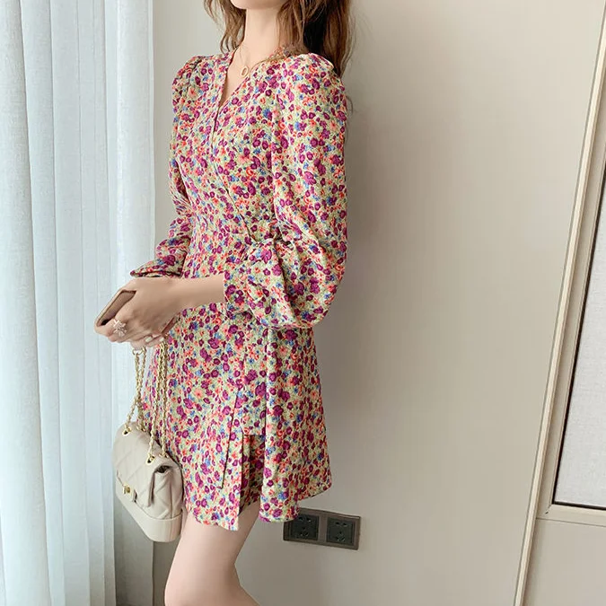 Floral Mini Dresses Women Lace-up Korean Style Chic Trendy Slim Popular Ulzzang Vestido Feminino Summer Leisure Vintage 2021 Ins plus size wedding dresses