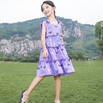 

Children Clothes Summer Dress Teenage Girl V-neck Collar Sleeveless Princess Dress Fashion Sweet Printing Suspender Kids Dresses