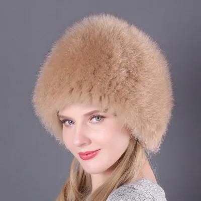 CAMEL Роскошная шапка из натурального Лисьего меха, женская зимняя эластичная вязаная шапка-бомбер из натурального Лисьего меха, теплые мягкие шапки-бини из лисьего меха для девочек - Цвет: CAMEL