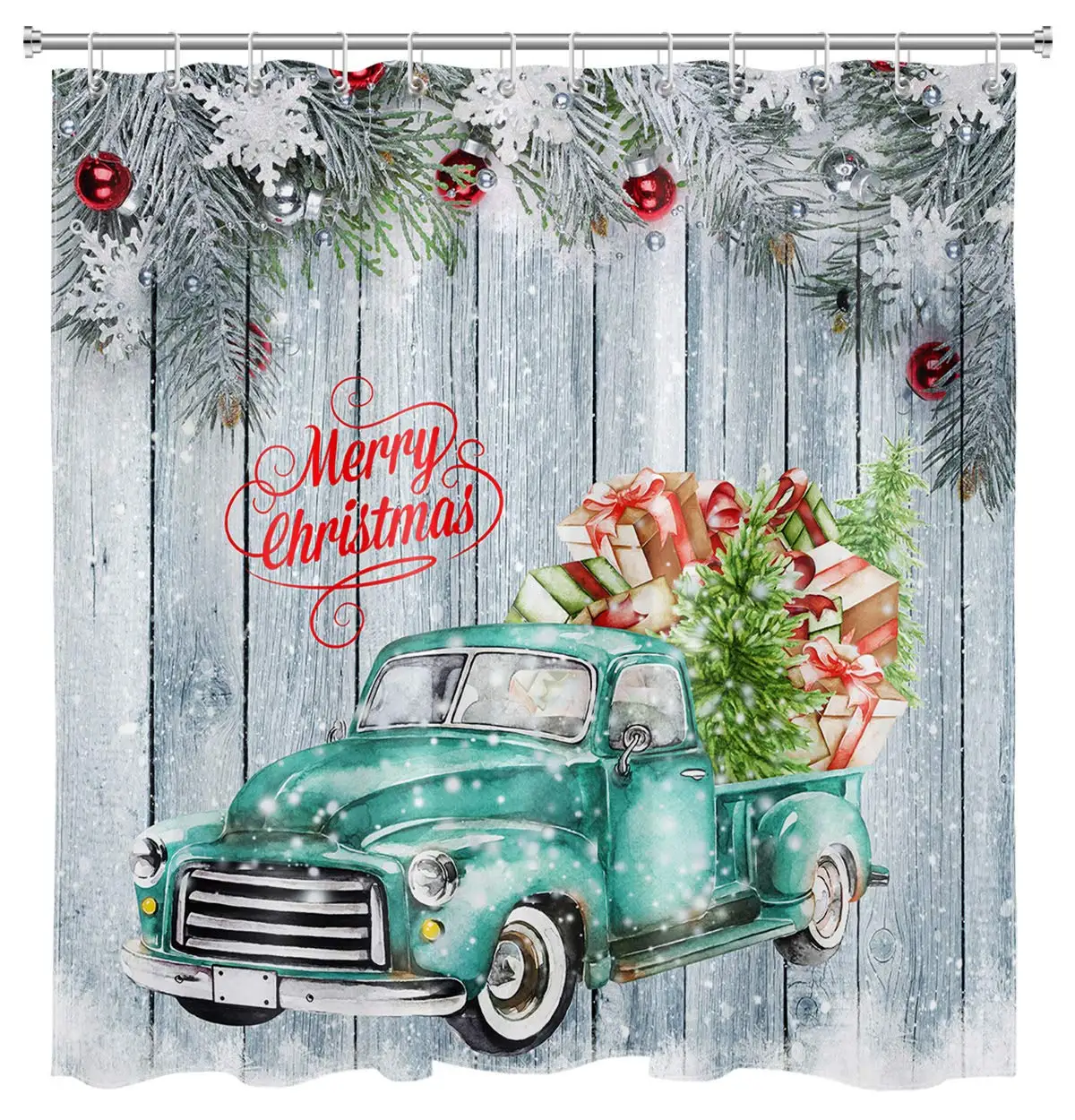 

Christmas Winter Shower Curtain Vintage Retro Green Truck on Rustic Wood Shower Curtain Snow Christmas Tree Shower Curtains for