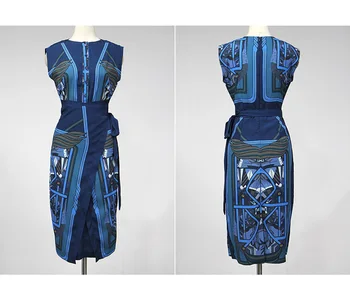 

2019 Summer Women Sleeveless Print Party Dress Ol O-Neck Asymmetrical Pencil Dresses Fashion Waist Tie Office Dress
