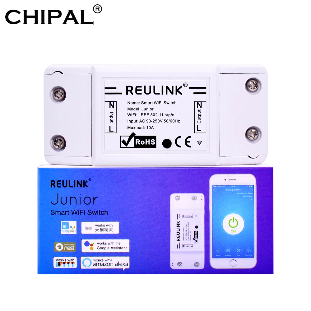 

REULINK Junior Basic WiFi Smart Switch Wireless DIY Automation Module Remote Controller Works with Google Home 10A AC 90-250V