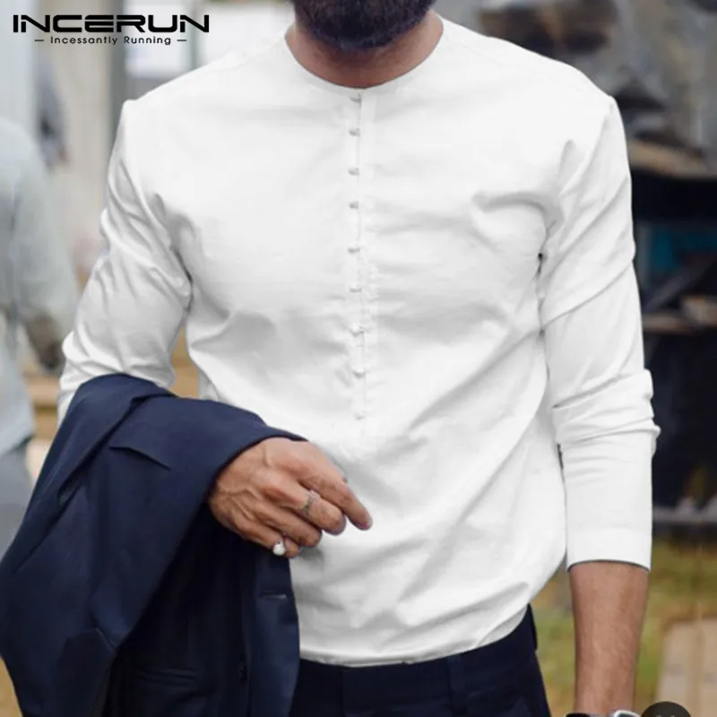 

INCERUN Harajuku Men Solid Long Sleeve Cotton Shirt Crew Buckle Korean Casual Elegant Comfort Baggy Mens Blouse Pullover 2020