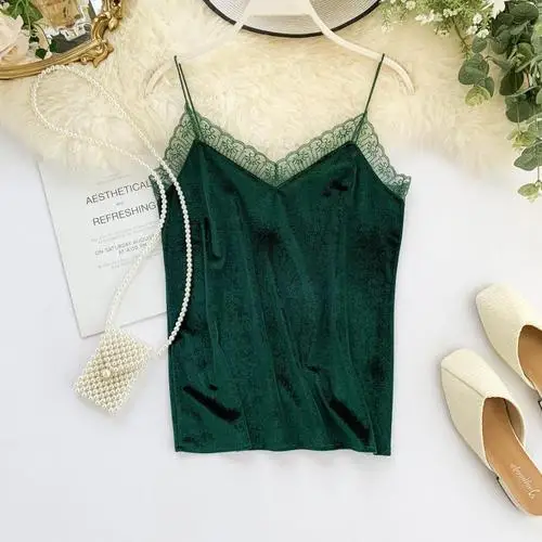 green Новые женские кружевные лоскутные велюровые топики регулируемые топики высокого качества женские сексуальные топы на бретельках Домашняя одежда жилет одежда для сна - Цвет: green