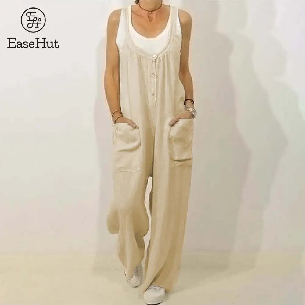 Linen Romper Leg-Pants Buttons Vintage Jumpsuit Easehut Women Overalls U-Neck Sleeveless