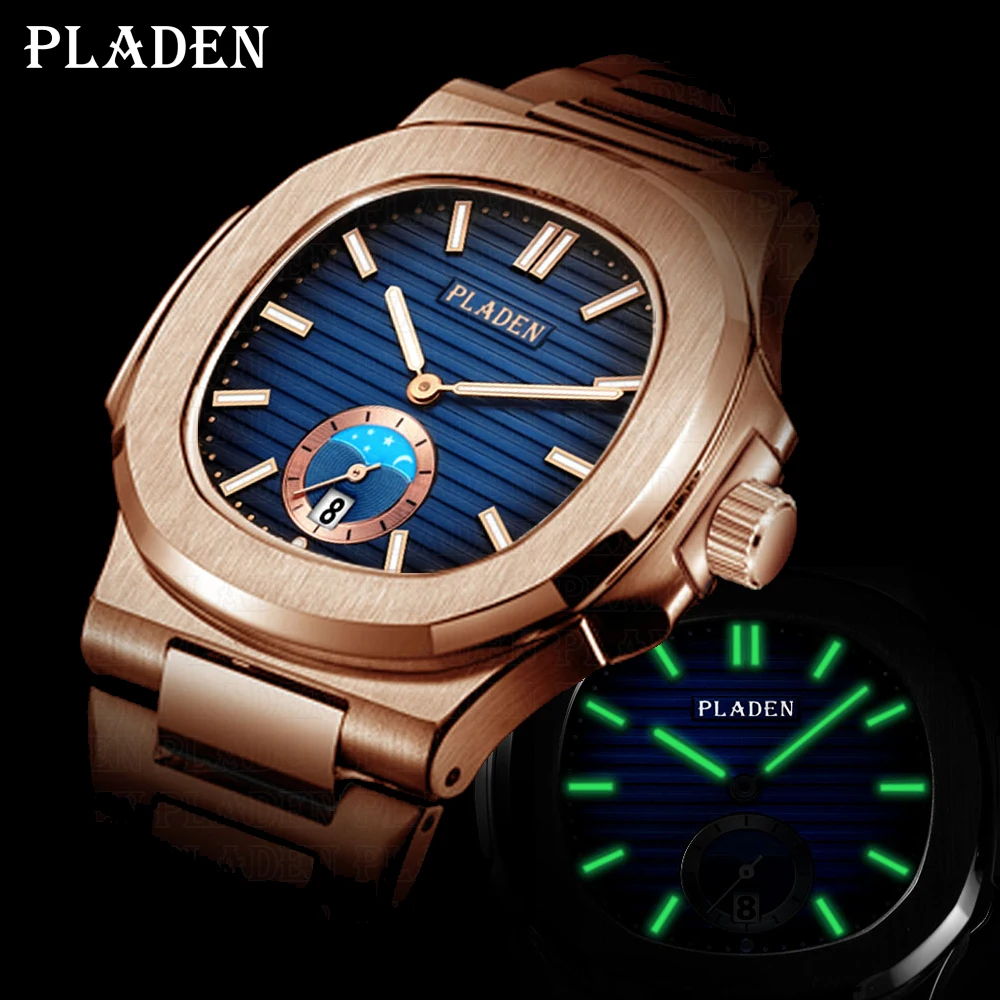 Baratos PLADEN Reloj único de lujo para hombres, relojes de oro para hombres, de acero inoxidable de primera marca, reloj de cuarzo negro de moda para hombres, regalos para hombres