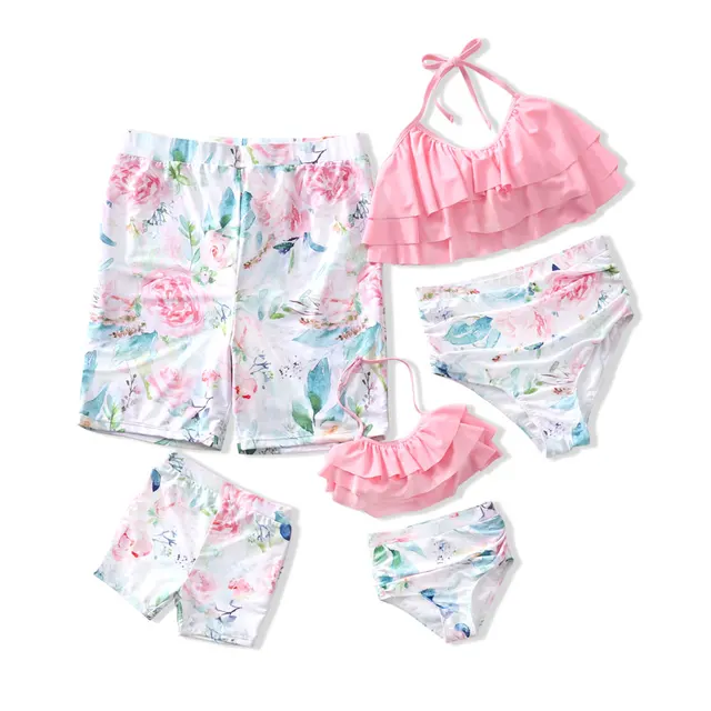 Family Swimwear Ruffled Mother Daughter Bikini Swimsuits Mommy Dad and Me Matching Clothes Outfits Look Father Son Swim Shorts