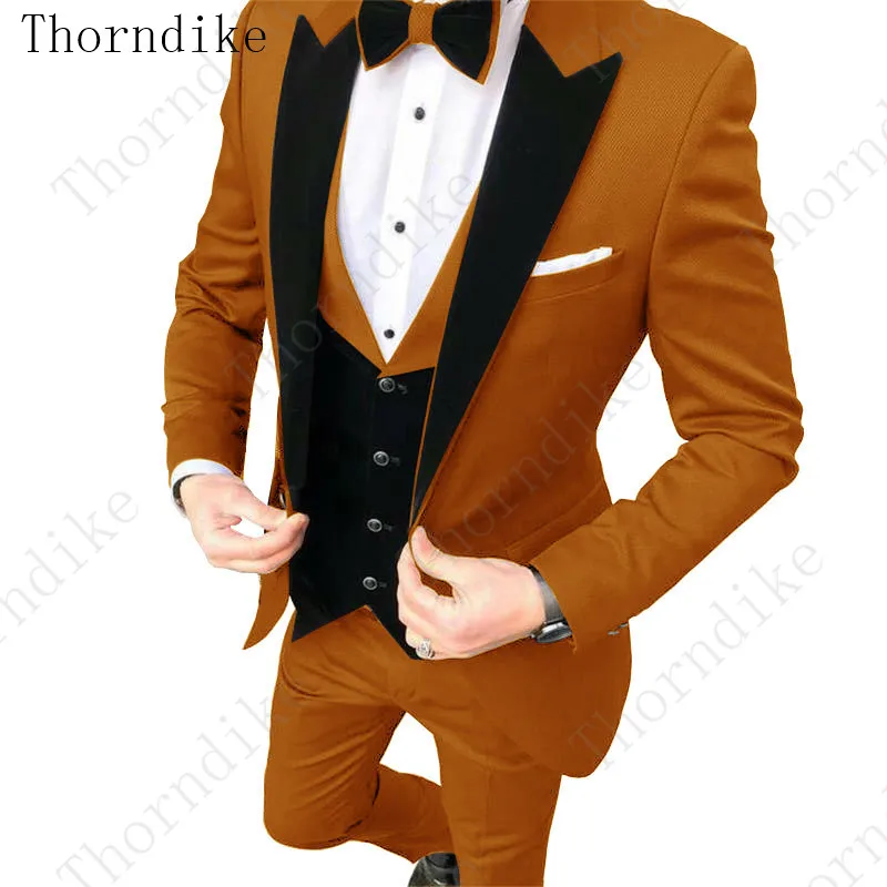 Thorndike, официальные мужские костюмы, темно-зеленые,, приталенный, бархатный, с отворотом, костюм жениха, мужской смокинг, Блейзер, Свадебные/выпускные костюмы, 3 предмета