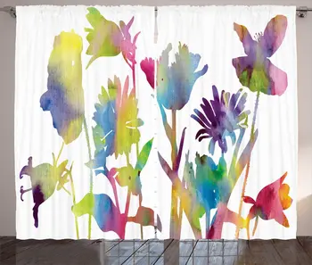 

Multicolor Spring Curtains Pastel Twig Branches Wild Flowers Meadow Flourishing Colorful Floral Silhouettes Bedroom Window Drap