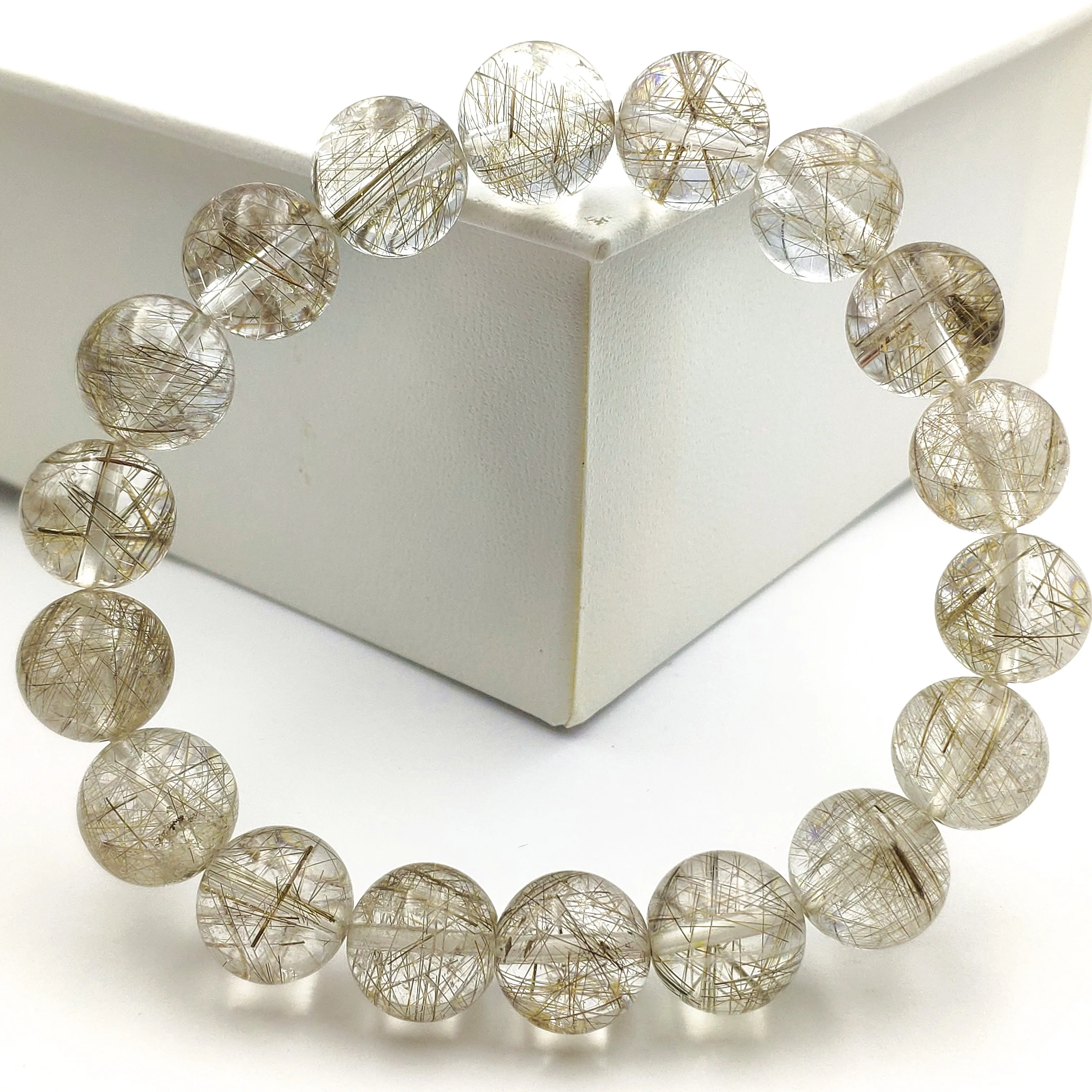 

Genuine Natural Silver Rutilated Quartz Crystal Clear Round Beads Stretch Bracelet 11mm Brazil Stone Jewelry AAAAA