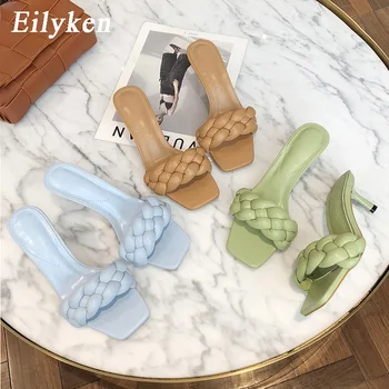 

Eilyken 2020 New Design Weave Women Slipper Ladies Thin High Heel Sandal Open Toe Slip On Summer Outdoor Slides Flip Flop Shoe