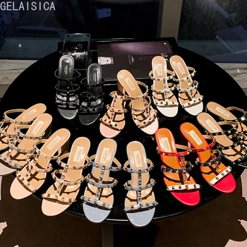 

2020 Women Rivet Slipper V Right Logo Woman Summer 2020 Leather ROMAN SANDALS 6cm High Heel Open Toe Size 34-40 Without Box