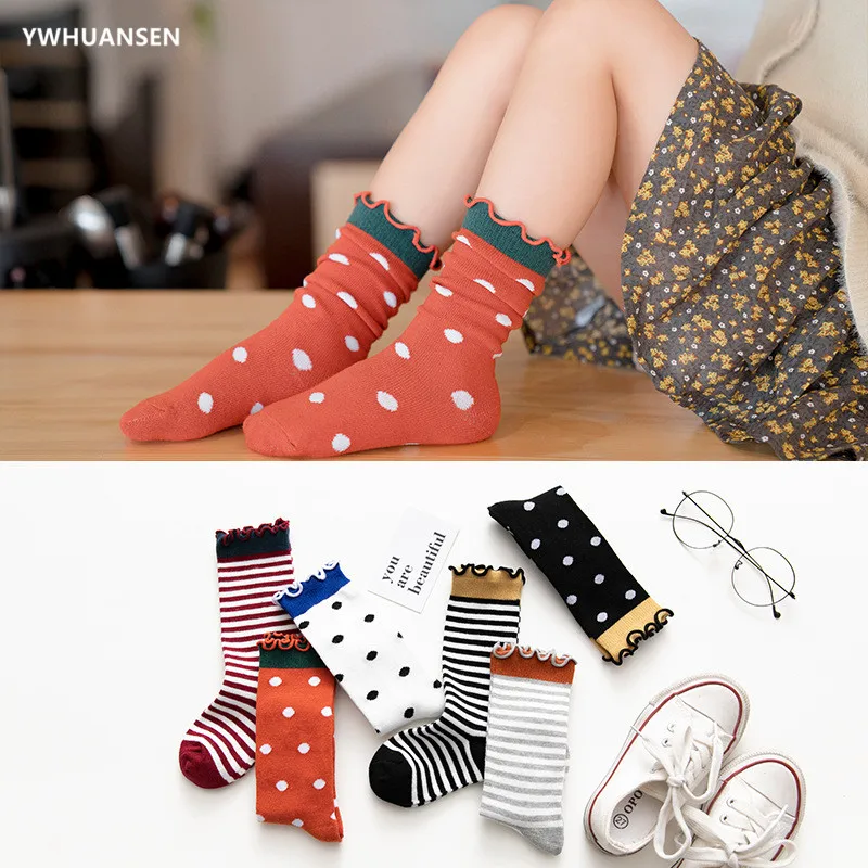YWHUANSEN/модные осенне-зимние носки с оборками для девочек от 1 до 10 лет хлопковые детские носки в полоску и горошек носков для детской обуви