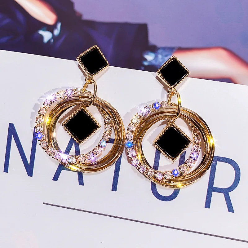 

FYUAN Fashion Gold Color Multilayer Circles Geometric Drop Earrings Black Round Rhombus Star Crystal Earrings lady Party Jewelry