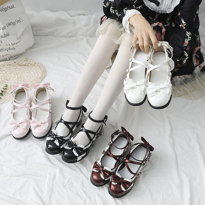 

Sweet lolita shoes patent leather round head shallow mouth thick heel women shoes vintage lace bowknot kawaii shoes loli cosplay