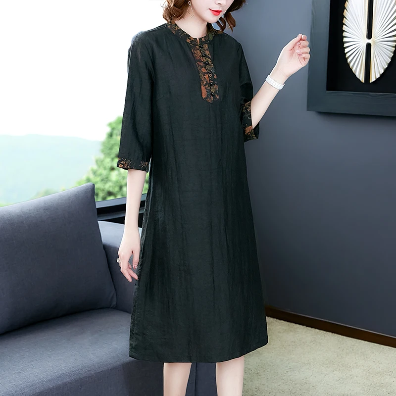 QPFJQD Vintage Solid Ladies Printing Silk Midi Dress Spring Autumn 4Xl Plus Size Black Dresses Women Elegant Party Vestidos
