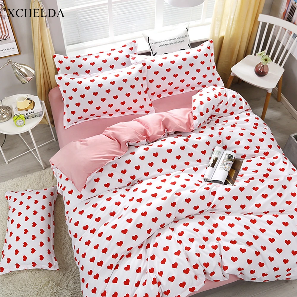 

White Comforter Duvet Cover Pink Bed Sheet set Double Queen King Size Bedding Set Heart print Cotton Adult linens Home Textile