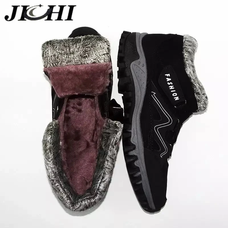 JICHI 2020 Ankle Mens Boots Fashion Plush Winter Boots Men Keep Warm Fur Leather Design Work Safety Men Shoes Big Size 47