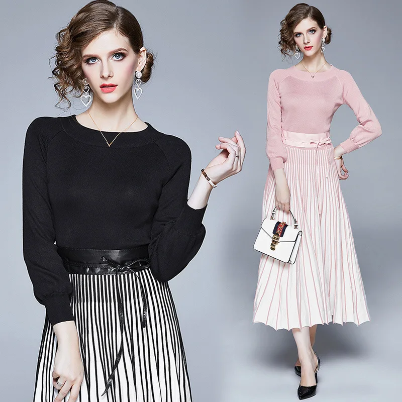 

2019 Autumn And Winter New Style Pleated Skirt-Style Slimming Elegant Knitted Mid-length Base Dress