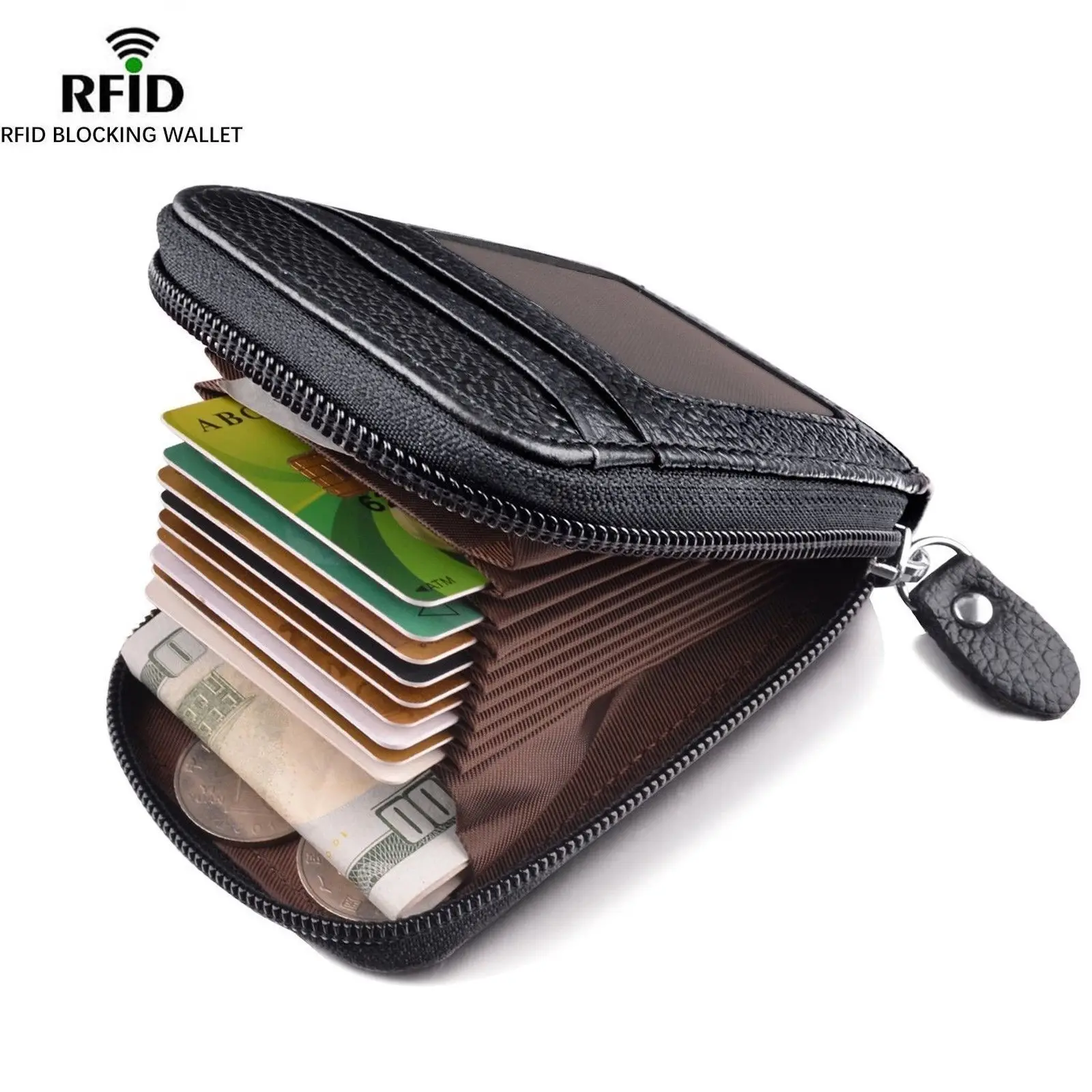 Tasa de descuento Cartera de cuero genuino para hombre, Tarjetero con bloqueo RFID, bolsillo con cremallera AANd1ydKx