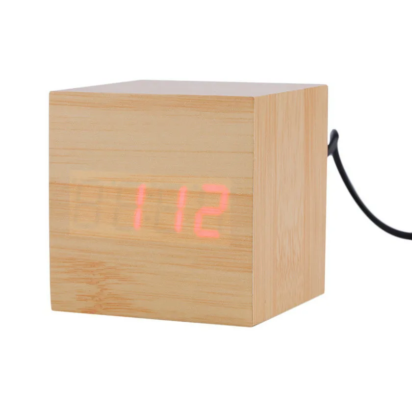 4 цвета деревянный квадратный светодиодный Будильник USB цифровые Настольные часы термометр Дата Дисплей сенсорный Enab светодиодный