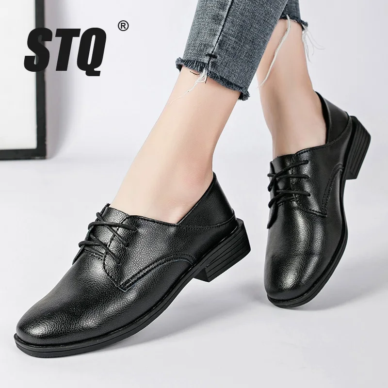 

STQ Women Winter Flats Loafers Shoes Genuine Leather Ladies Ballet Flats Oxford Shoes Female Lace Up Loafers Shoes 7230