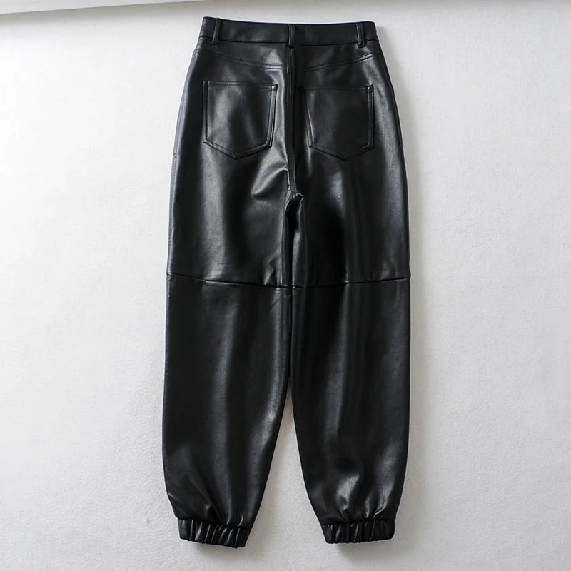 RR Faux Leather Safari Pants Women Fashion PU Leather Radish Trousers Women Elegant Pockets Pants Female Ladies JI