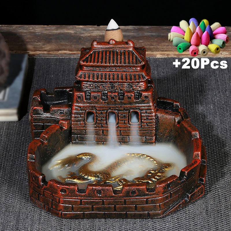 

20Pcs Incense Cones Creative Home Decoration Backflow Incense Burner Chinese Dragon Ancient Tower Ornaments Personality Ashtray