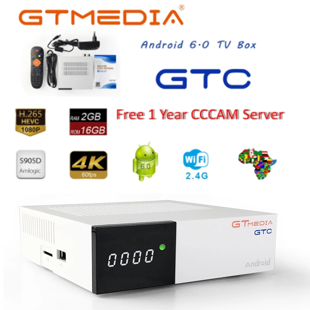 FREESAT gtmedia GTC Android 6,0 tv BOX DVB-S2/T2/Cable/ISDBT Amlogic S905D 2 Гб ram 16 Гб rom freesat+ 1 год Бесплатный CCcam подарок