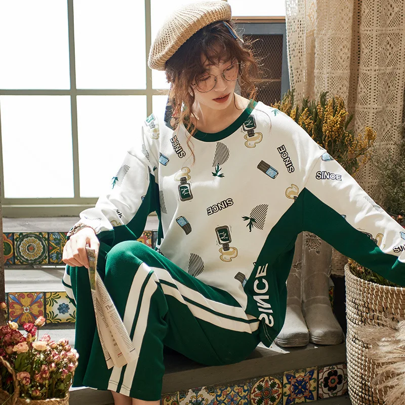 

Autumn New Cotton Printing Lapel Top + Long Pant 2 Piece Sets Pajamas Set For Women Cute Sleepwear Girls Pyjama M L XL XXL