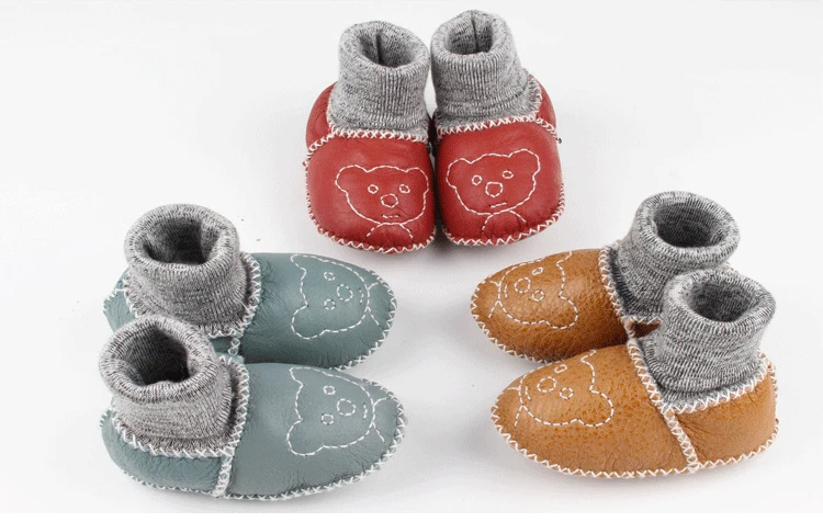 Genuine Leather Sheepskin Baby Shoes Winter Velvet Thickening Baby Snow Boots 0-12 Months Soft Bottom Baby Toddler Shoes