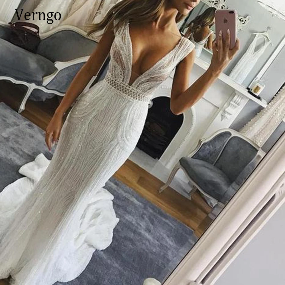 

Verngo Sexy Deep V Neck Mermaid Lace Wedding Dress For Bride Cap Sleeves Sweep Train Long Formal Party Gowns Robe de mariage