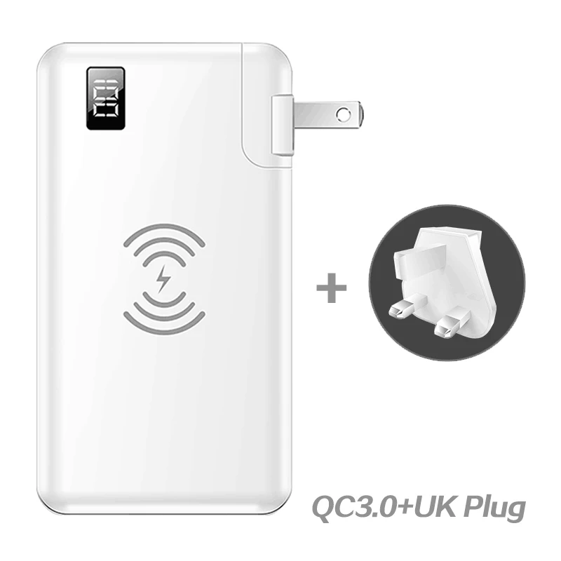 10000 мАч QC3.0 PD быстрое зарядное устройство Банк мощности Беспроводное зарядное устройство для Iphone samsung Tablet type C USB 3 в 1 18650 power Bank повербанк - Цвет: QC3.0 UK Plug White