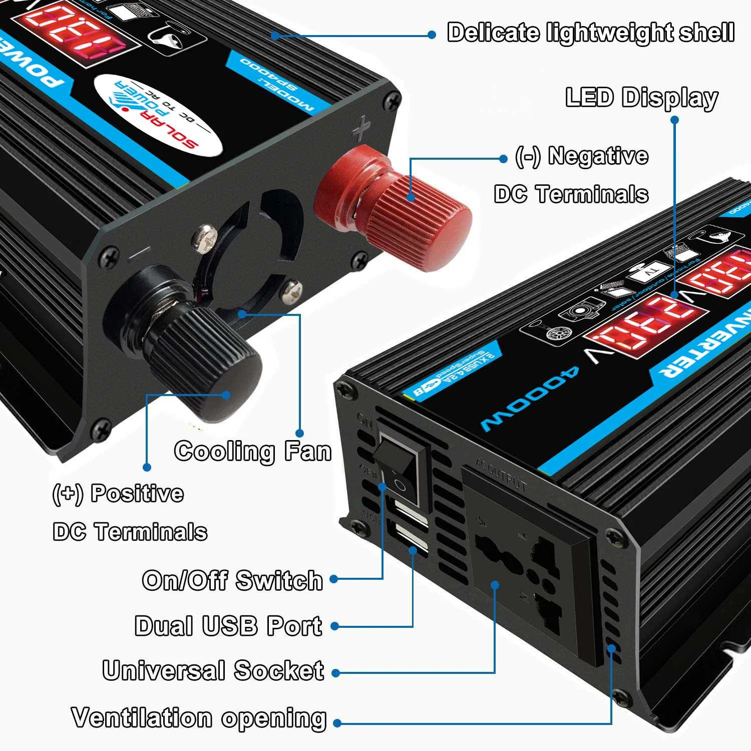 Skup Falownik samochodowy 12V 220V 4000W Max przetwornica napięcia transformator napięcia 12V do 110 V 220 V Inversor + wyświetlacz LCD 2 USB