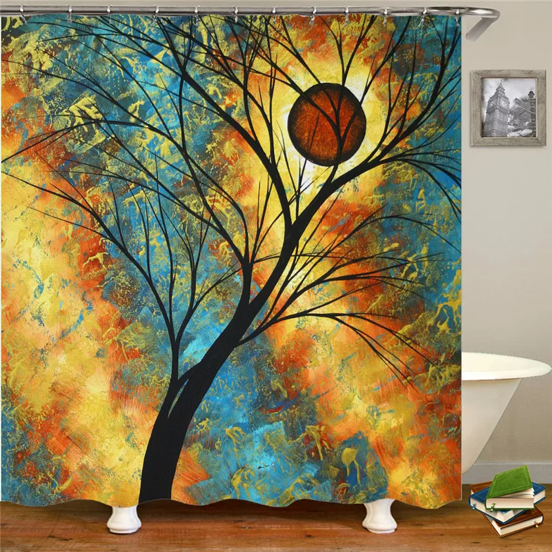 Printed 3d shower curtain waterproof polyester fabric washable bathroom shower curtain with 12 people hook