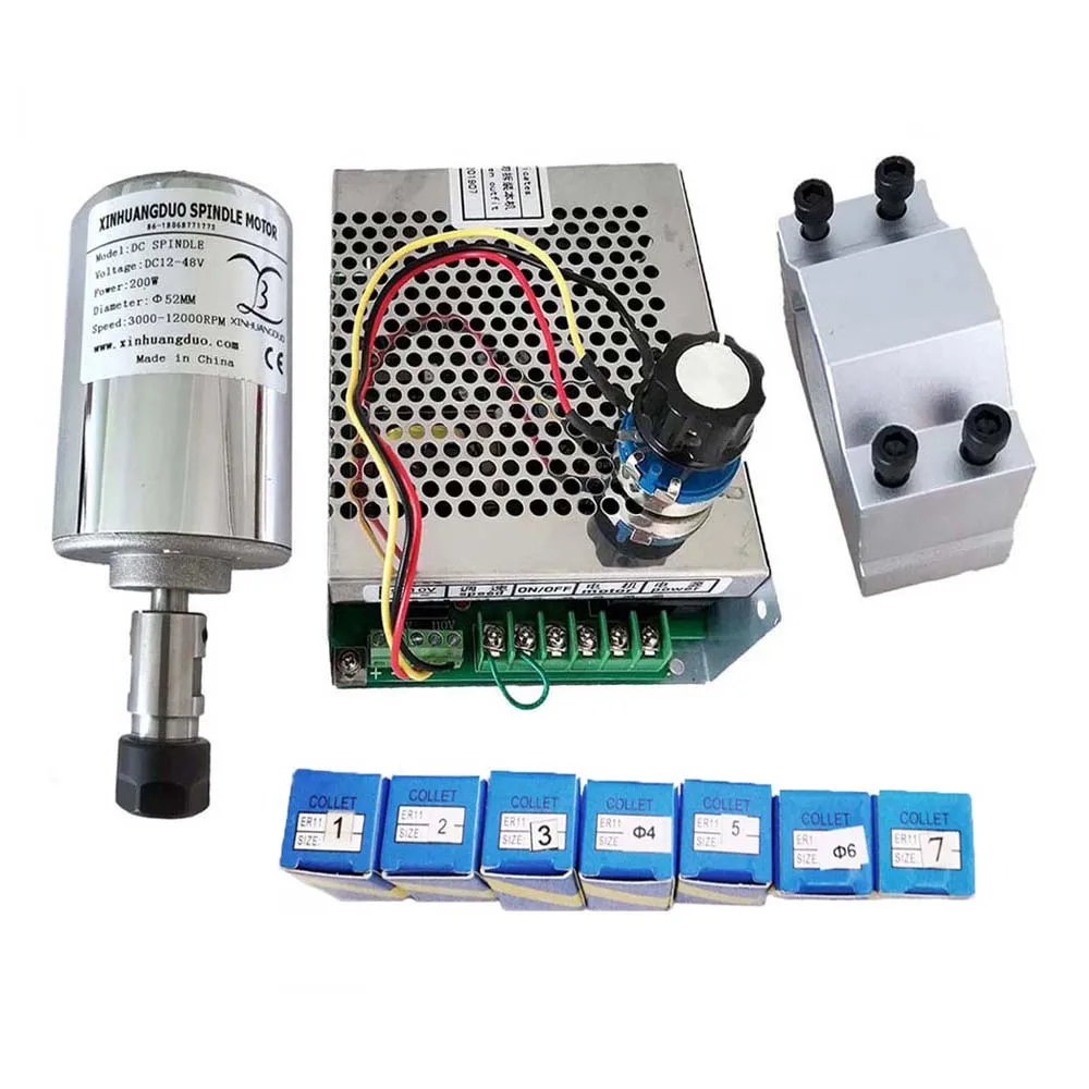 

Air Cooled CNC Spindle Motor Kit ER11/ER16 Chuck 200W 300W 400W 500W 12000RPM Spindle Motor + 1pcs Power Supply+1pcs 52mm Clamp